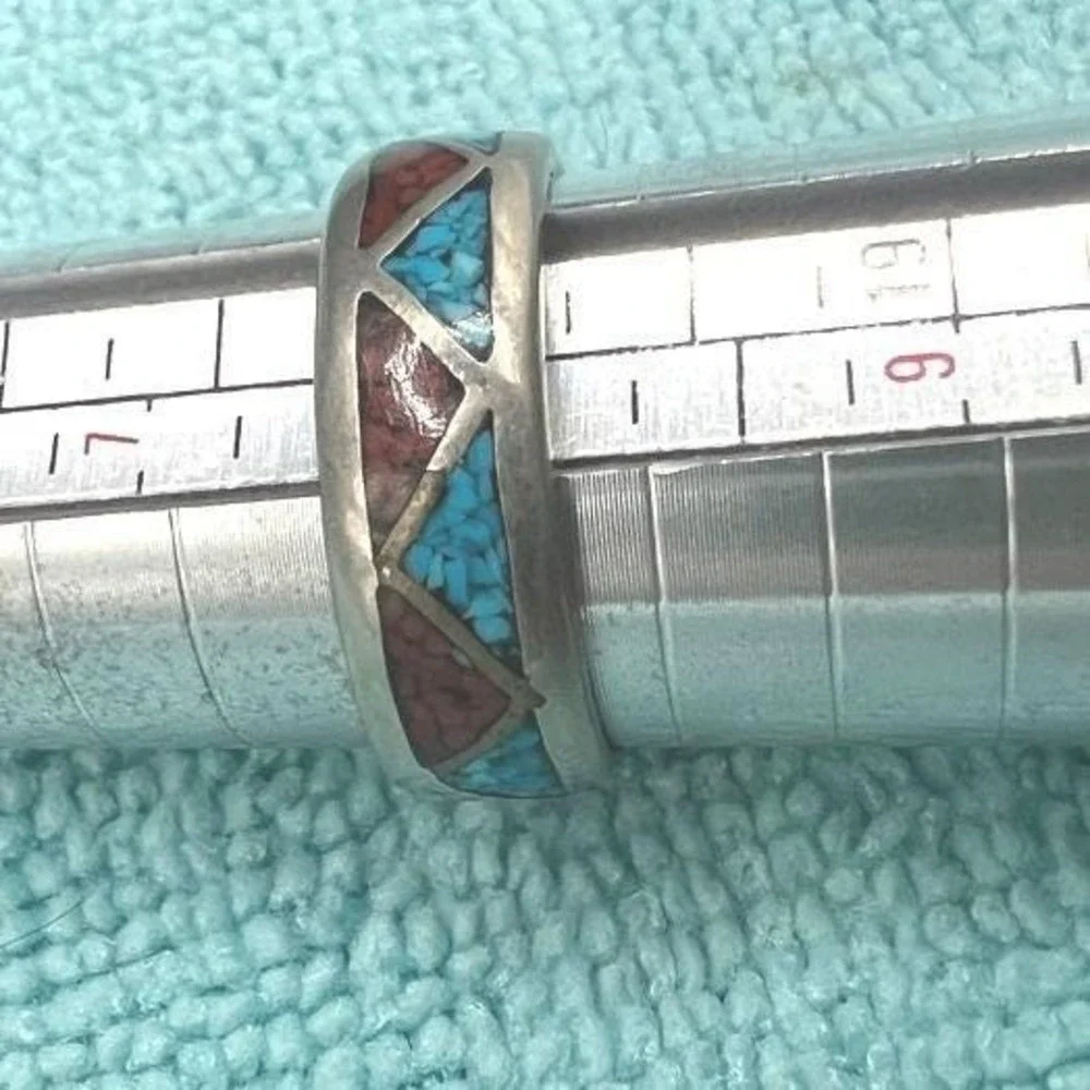 Vintage Turquoise Coral Ring Inlay Silver Plated AJ Southwestern‎ Sz8 3.2g READ